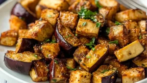 the recipe for savory air fryer eggplant in a white bowl