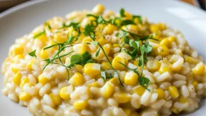 a white bowl filled with corn and topped with parmesan cheese next to a spoon
