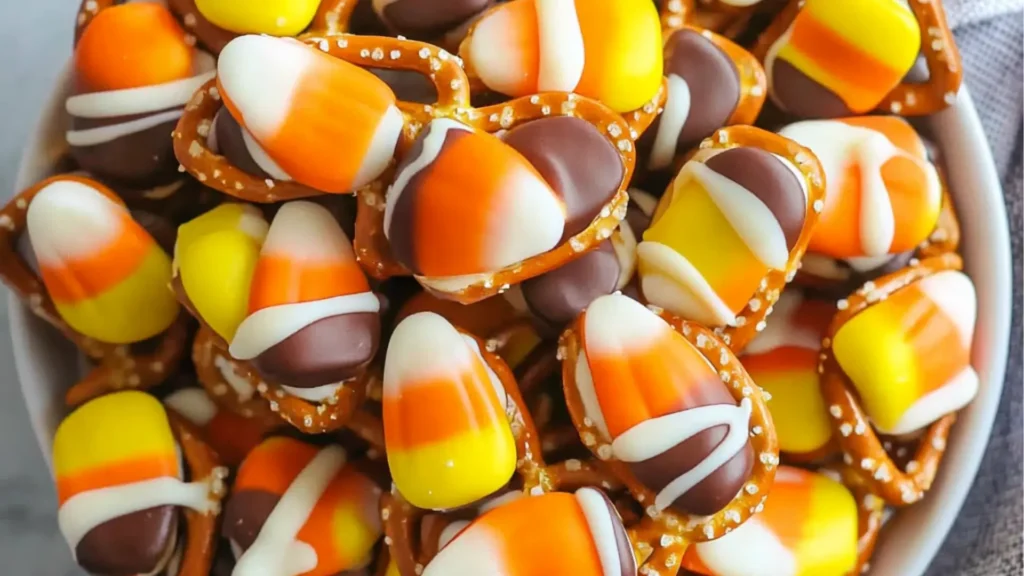 candy corn pretzel bites in a white bowl