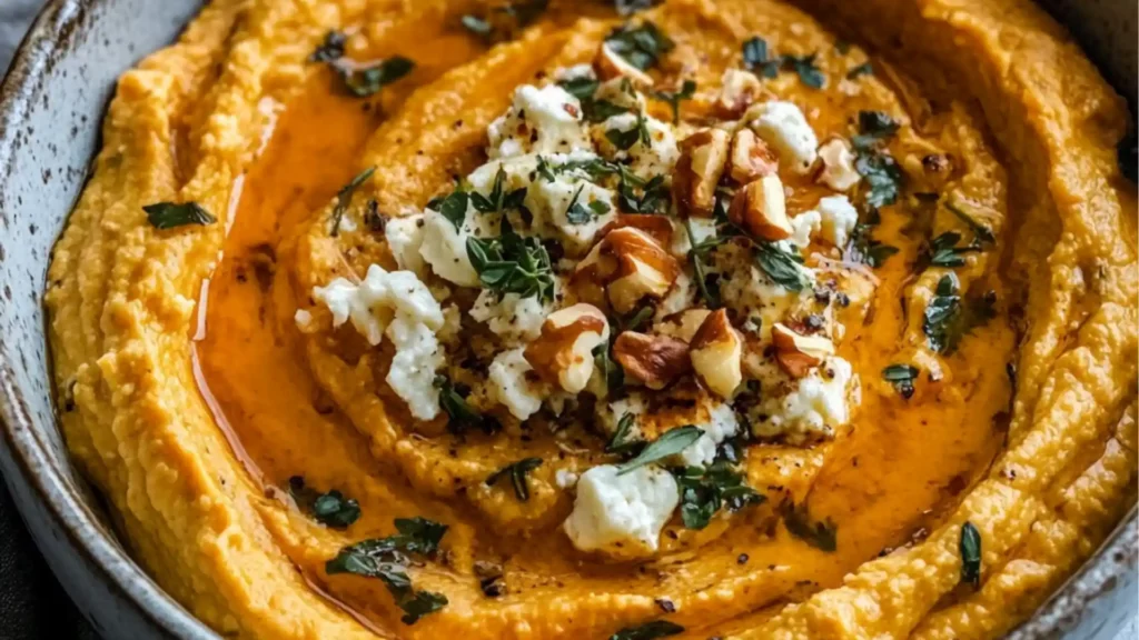 pumpkin whipped feta with honey and thyme in a white bowl on a table