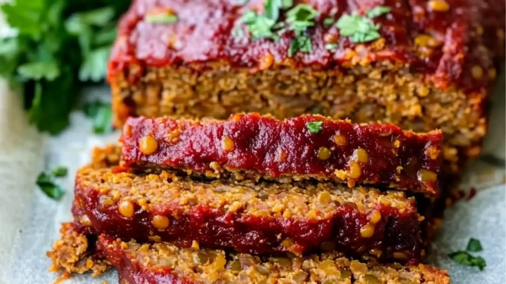 the best vegan lentil meatloaf recipe on a cutting board with text overlay