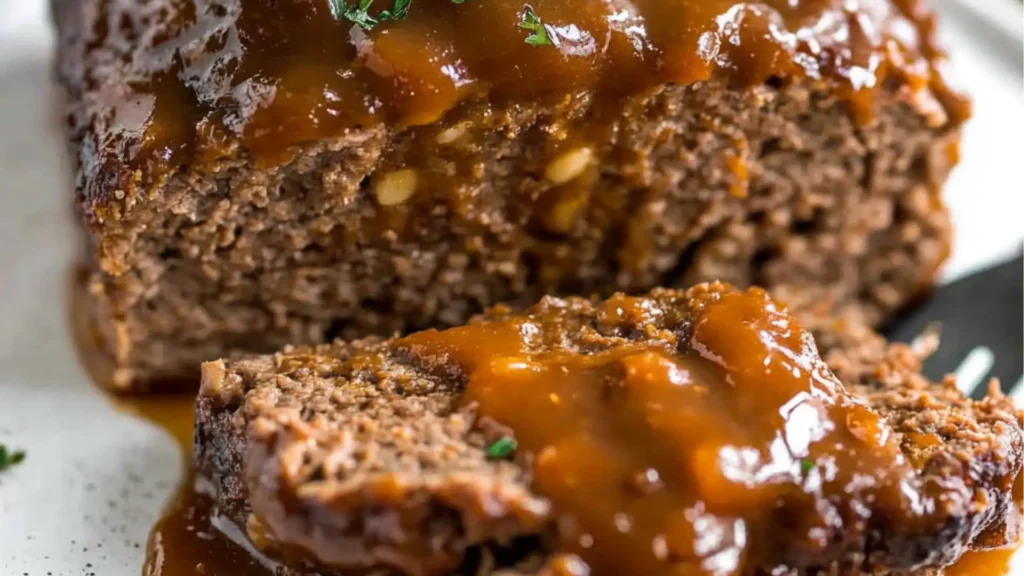 the best brown gravy meatloaf on a white plate with text overlay