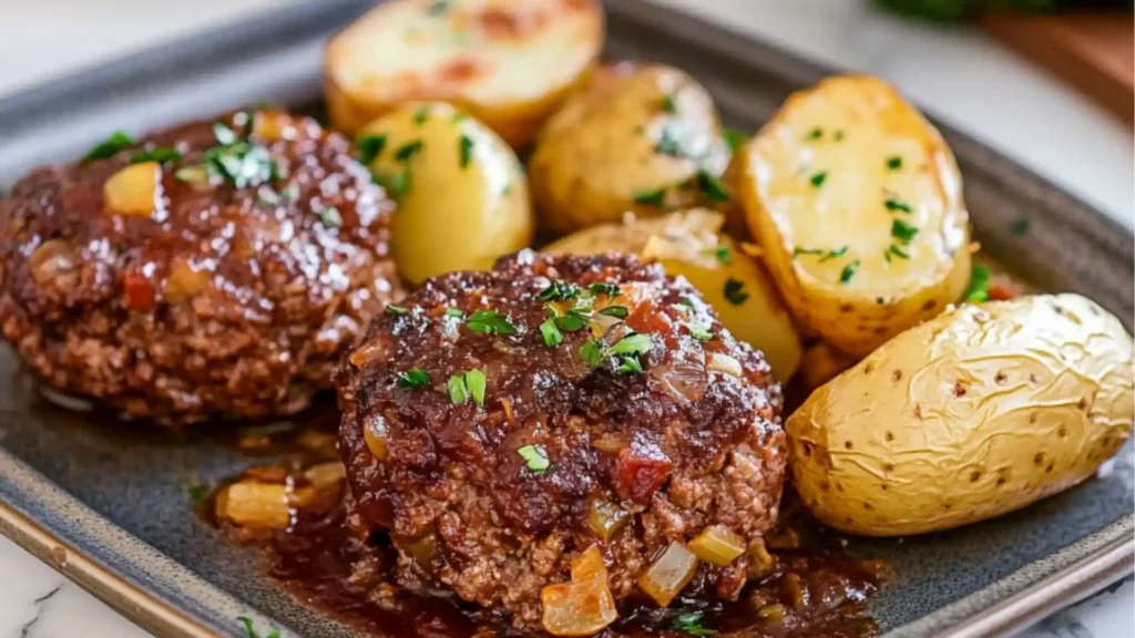 meatballs and potatoes in a pan with the words sheet pan mini meatloaf and roasted potatoes