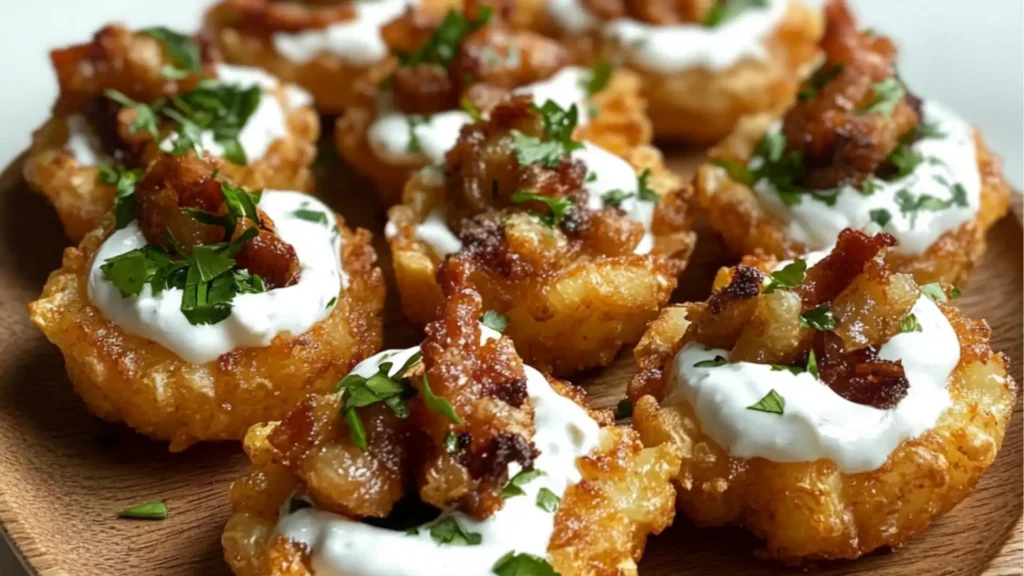 loaded tater tot appetizers on a tray with text overlay that reads loaded tater tot appetizers