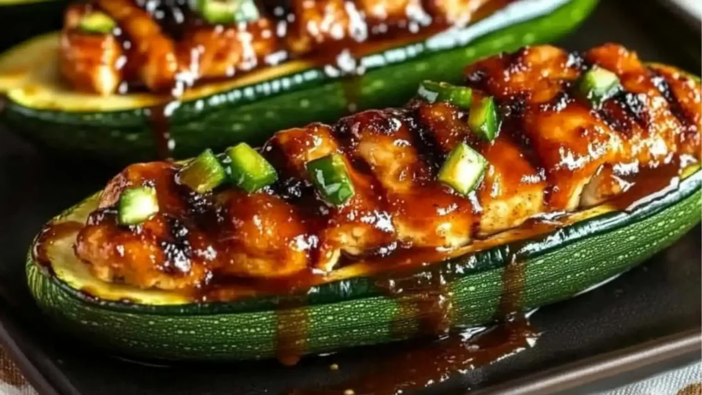 several stuffed zucchini boats on a wooden cutting board with cheese and other toppings