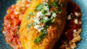 three fried food items on a white plate with sauce and garnishes around them