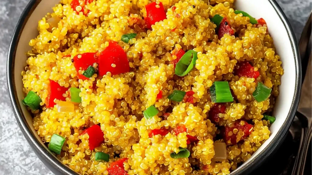 a white bowl filled with cauliflower and green onions next to a spoon on top of a table