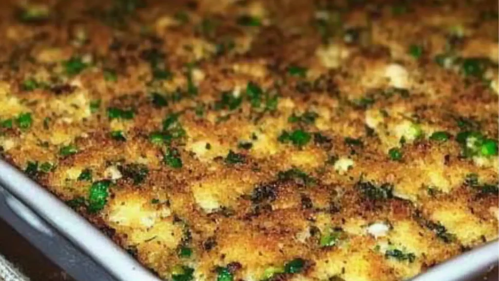 cornbread dressing in a casserole dish on a wooden table with text overlay that reads southern cornbread dressing