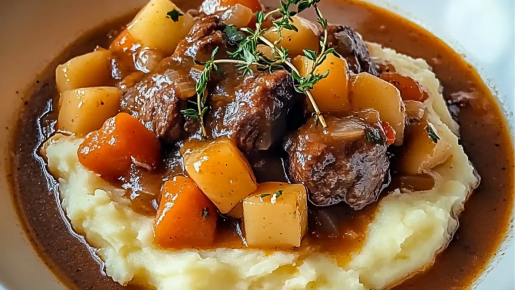 fall flavors, apple cider beef stew, hearty meals, mashed potatoes, comfort food, cozy dinners
