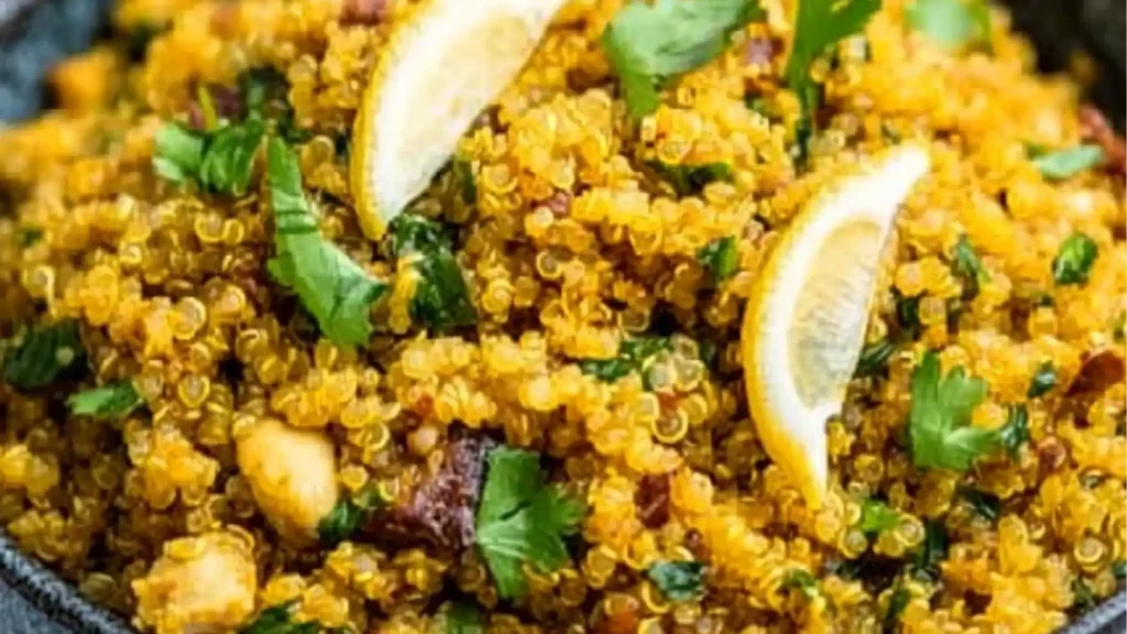a white bowl filled with food on top of a blue cloth next to a black napkin