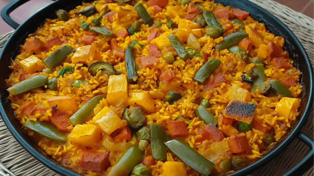 vegan vegetable paella in a pan with lemons and parsley