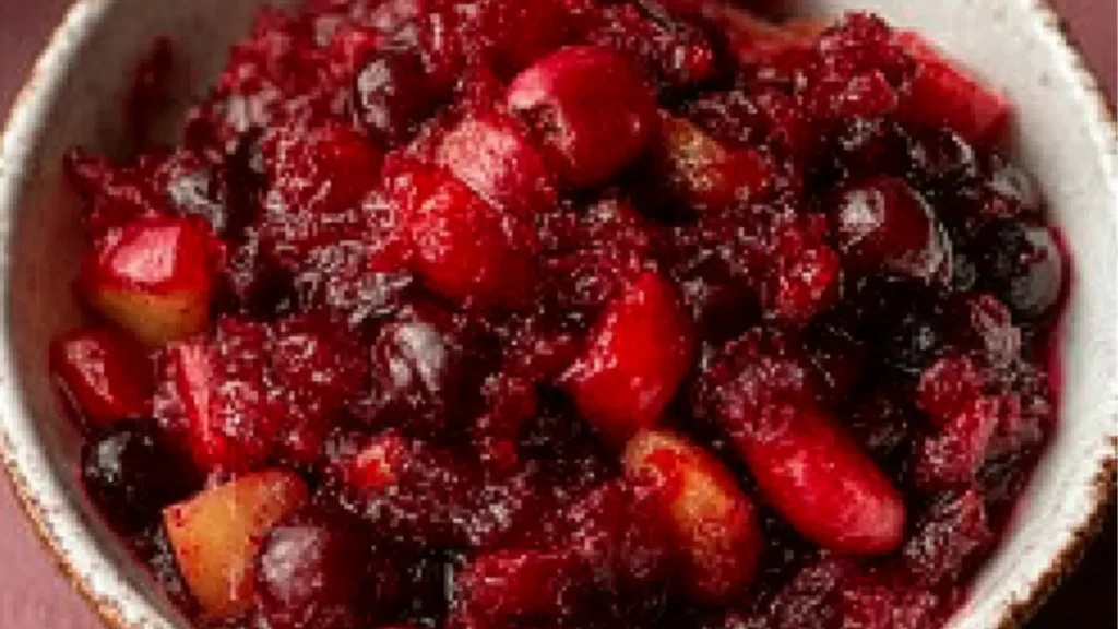 cranberry apple chutney in a white bowl with the title above it