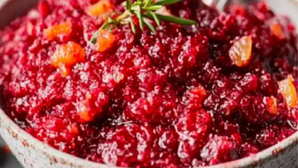 a bowl filled with cranberry orange relish next to an orange slice