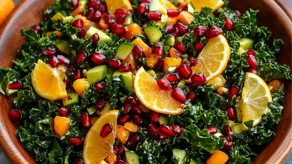 citrus pomegranate kale salad with honey lemon vinaie
