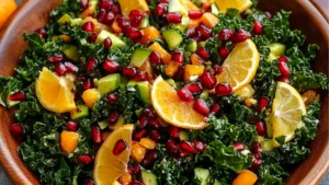 citrus pomegranate kale salad with honey lemon vinaie