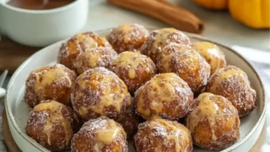 cinnamon sugar donuts in a white bowl with cinnamon sticks