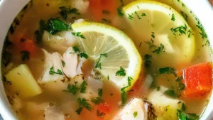 a bowl of fish soup with lemons and parsley on the side text overlay reads how to make fish soup using any fish and cut