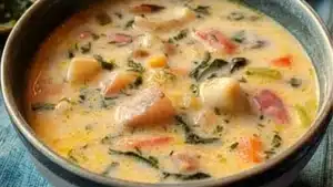 creamy fish chowder with hearty and delicious toppings