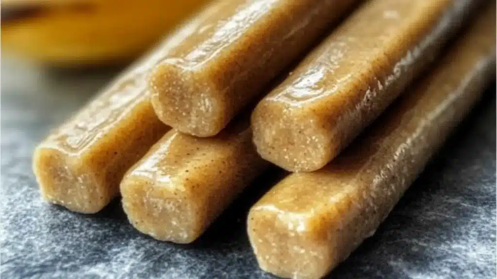 banana and peanut butter chew sticks for dogs on a table with nuts, bananas and peanuts in the background