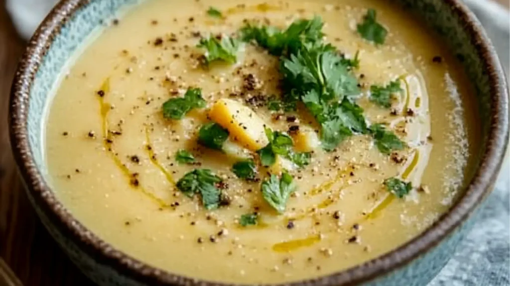 bowl of creamy potato and parsnip soup with bread on the side