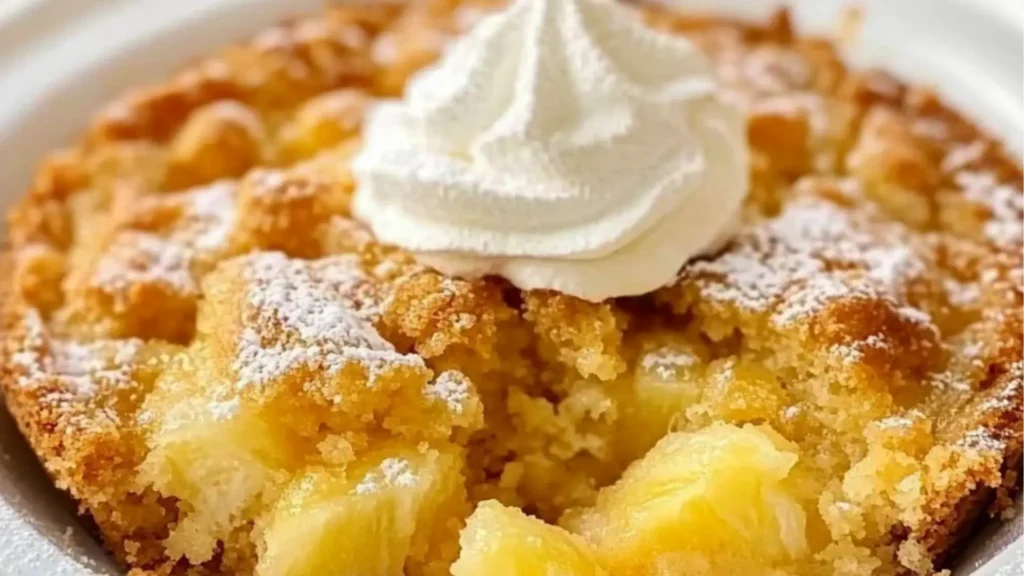 A close-up photo of Pineapple Dump Cake with golden brown topping and juicy pineapple chunks on a fork, showing its moist, crumbly texture and syrupy center.