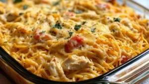 the best yummy southern chicken spaghetti bake is made with pasta, cheese and other ingredients