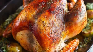 closeup of a turkey with text overlay that reads best roast turkey - "Hands down the best turkey I have ever made!! I will use this recipe again and again! It was DELICIOUS!!!"