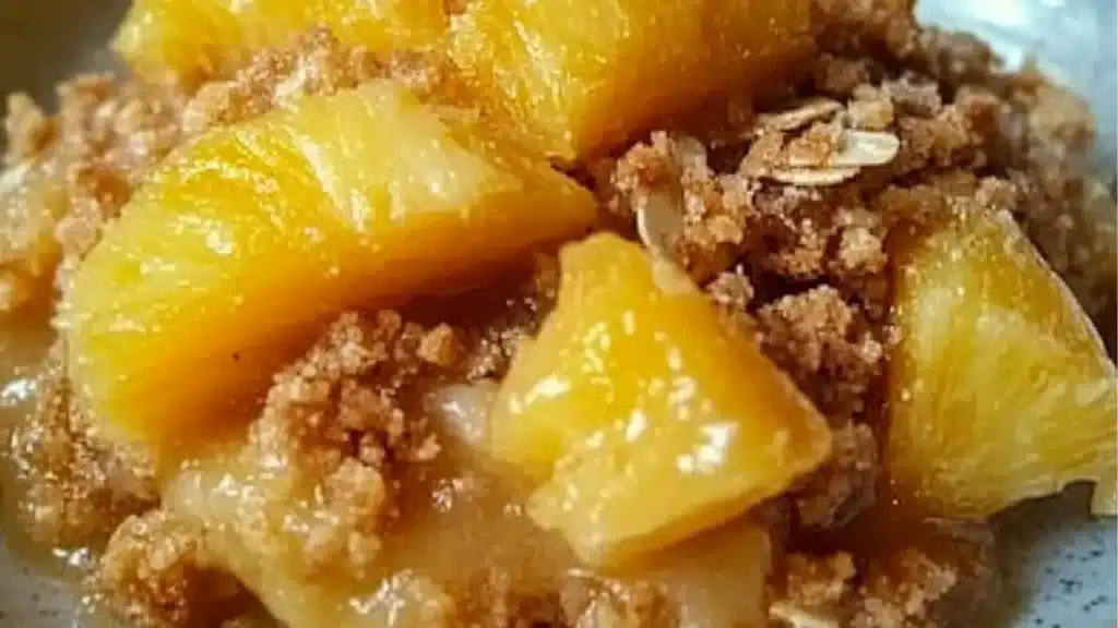 a close up of food on a plate with the words pineapple crisp above it