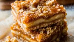 salted caramel apple bars on a plate with the words salted caramel apple bars quick and delicious