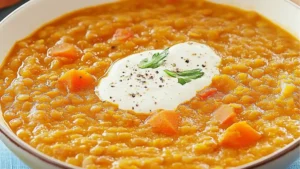 two bowls filled with soup and topped with soury lentil