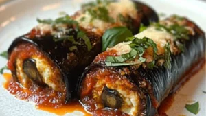eggplant rollatin in a casserole dish with text overlay