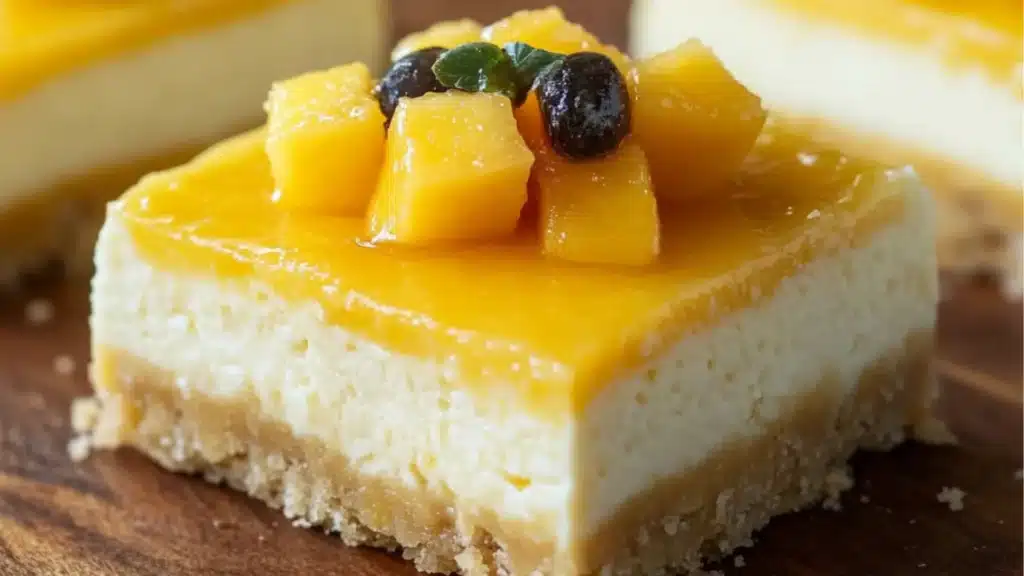 mango cheesecake bars with text overlay