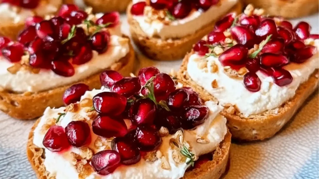 crackers with cream cheese and pomegranate aris