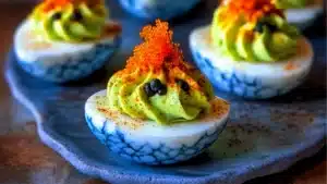 Halloween deviled eggs with purple crackle-patterned whites, filled with bright green yolk mixture and topped with black spooky sprinkles, arranged on a plate.