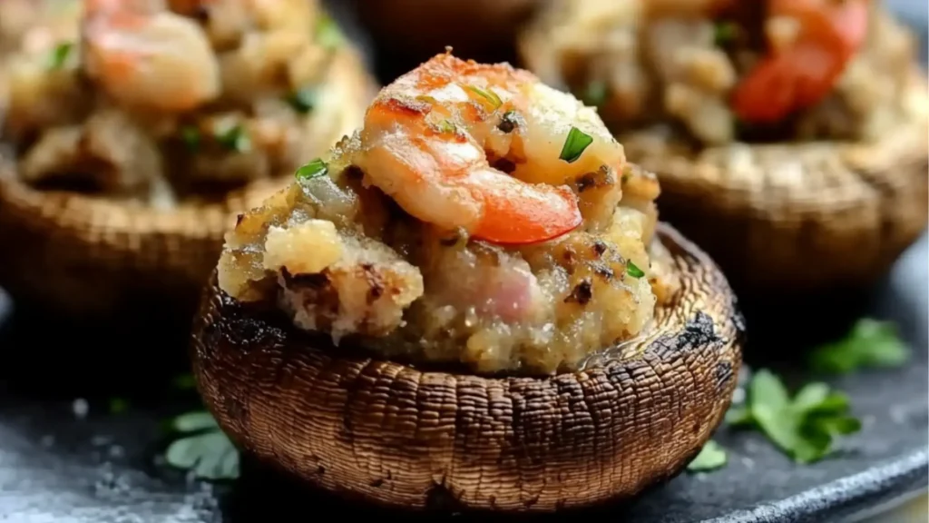 seafood stuffed mushrooms on a baking sheet with parsley