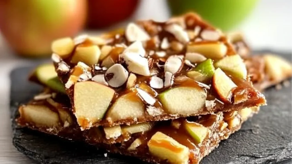 a piece of Apple Bark drizzled with chocolate and caramel.