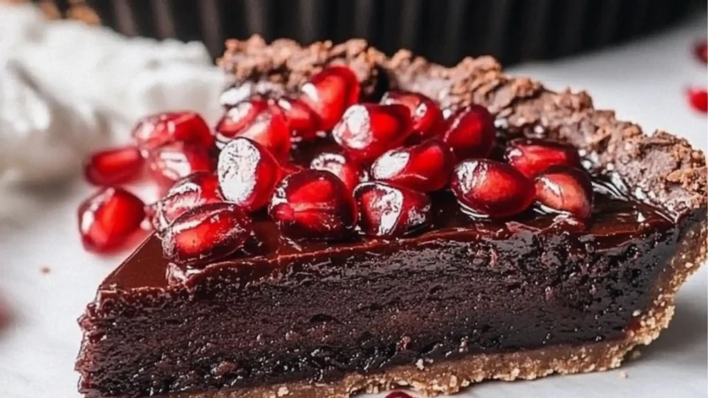 a tart crust filled with red liquid sitting on top of a white table cloth