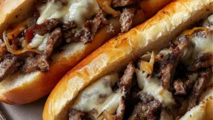 three cheesesteak hot dogs on a grill with text overlay that reads, blackstone philly cheese steak hoagies