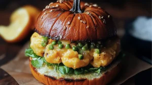 small sandwiches are arranged on a plate next to pumpkins and other fall leaves,