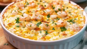 shrimp and crab dip in a bowl surrounded by lemons, bread slices and garlic