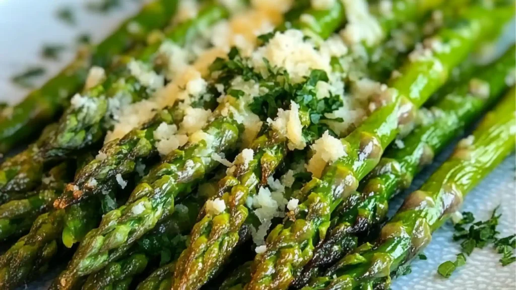 asparagus with parmesan toasted on top and the title overlay reads easy healthy meals