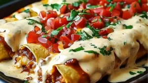 there are two different pictures of food on the same plate, one is chicken enchiladas