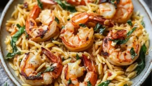 lemon and feta orzo roasted shrimp in a skillet with text that reads, click to get the full recipe