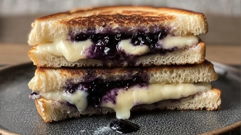 two pieces of bread with blueberries and herbs next to them on a piece of parchment paper