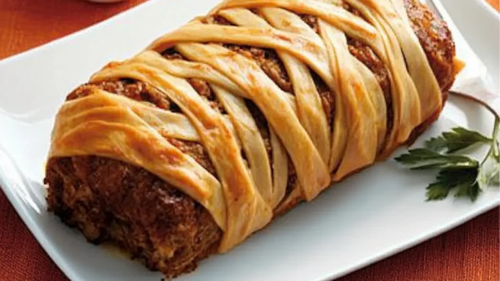 an overhead view of a meatloaf with googly eyes and text overlay that reads, quick & tasty mummy meatloaf best spook comfort food
