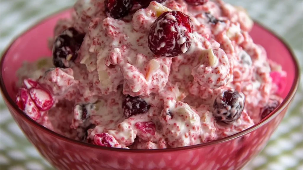 the best cranberry fluff recipe is in a bowl with cherries on top