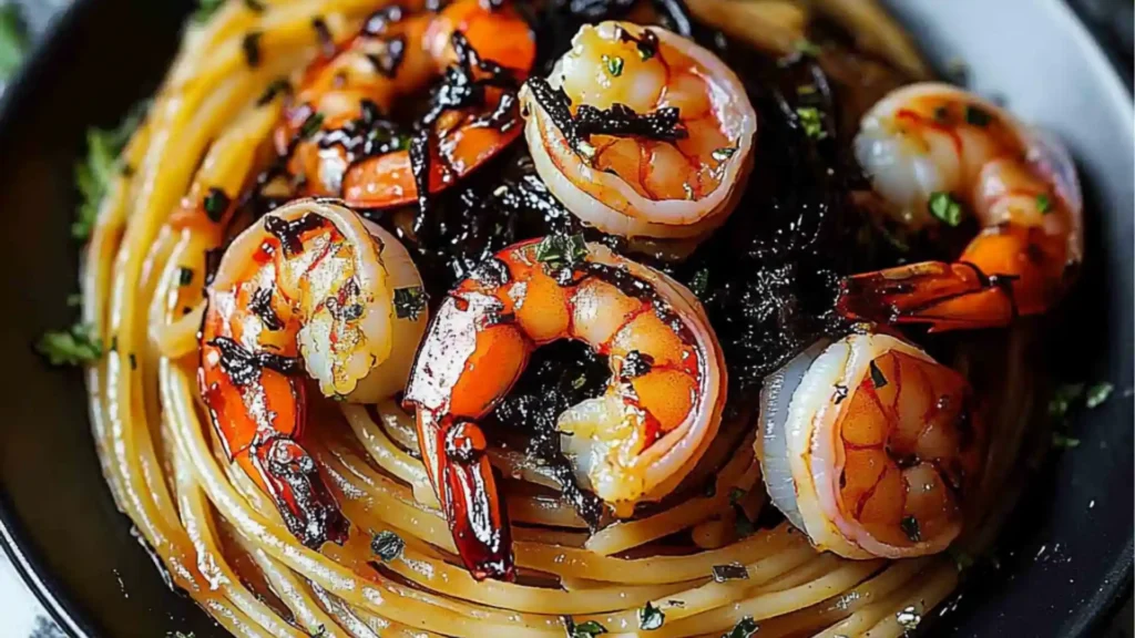 a plate with pasta and shrimp on it that says quick & easy vampire pasta best spooky halloween recipe