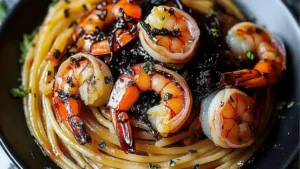 a plate with pasta and shrimp on it that says quick & easy vampire pasta best spooky halloween recipe