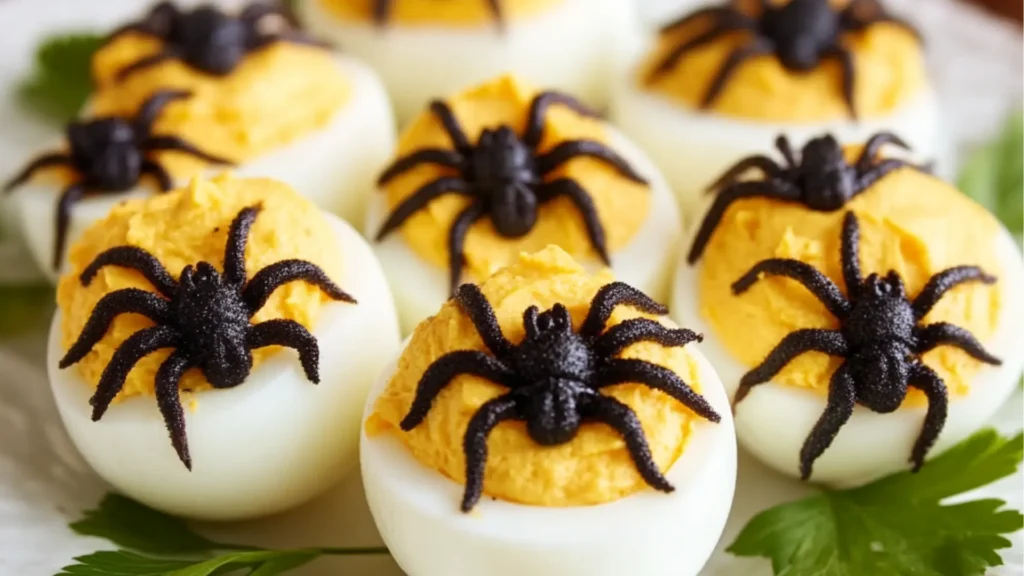 deviled eggs with black spider decorations on them and text that reads delicious as it looks spooky spider deviled eggs