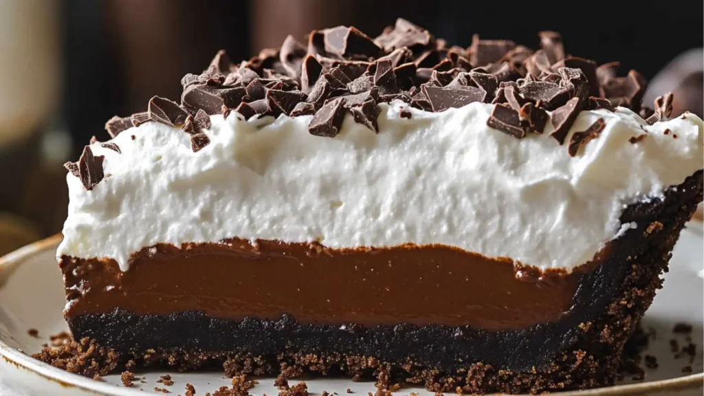 a piece of chocolate mousse pie on a white plate with the words mississippi mud pie above it